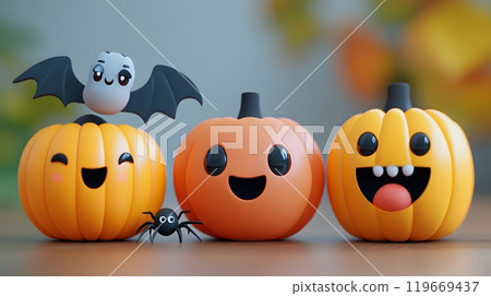 Halloween 3D cartoon collection with a bat, a spider, and a grinning pumpkin, designed for holiday greeting cards. Halloween 3D cartoon collection with a bat, a spider, and a grinning pumpkin, designed for holiday greeting cards. 119669437