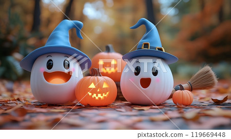 Set of 3D cartoon Halloween characters with a witch's hat, a broomstick, and glowing pumpkins for holiday decorations. 119669448