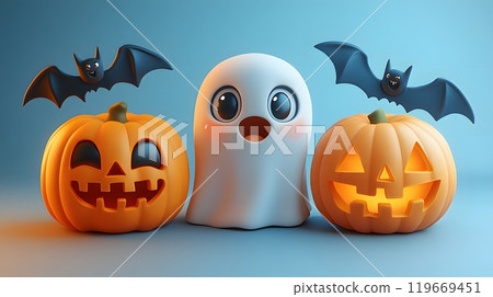 3D cartoon Halloween elements including a ghost, a bat, and a carved pumpkin, ideal for greeting cards and posters. 3D cartoon Halloween elements including a ghost, a bat, and a carved pumpkin, ideal for greeting cards and posters. 119669451