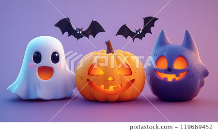 3D cartoon Halloween elements including a ghost, a bat, and a carved pumpkin, ideal for greeting cards and posters. 119669452