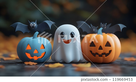 3D cartoon Halloween elements including a ghost, a bat, and a carved pumpkin, ideal for greeting cards and posters. 119669453