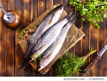 Gray Mullet Fish (Kefal) on stone board 119669481