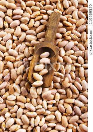 Beans and wooden spoon on a table, copy spase 119669530