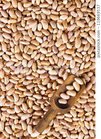 Beans and wooden spoon on a table, copy spase 119669537