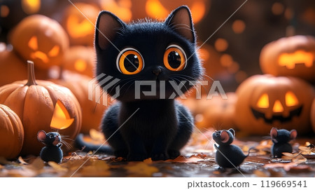3D cartoon Halloween banner featuring a playful black cat, mice, and a collection of pumpkins, perfect for festive greetings. 119669541