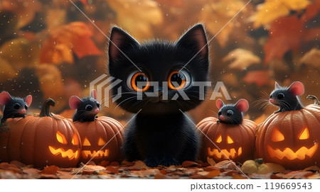 3D cartoon Halloween banner featuring a playful black cat, mice, and a collection of pumpkins, perfect for festive greetings. 119669543