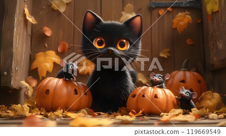 Adorable Halloween greeting card featuring a black cat with pumpkins and mice in a 3D cartoon setting. 119669549