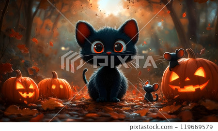 3D cartoon Halloween scene with a black cat, pumpkins, and mice, designed for festive trick or treat banners. 3D cartoon Halloween scene with a black cat, pumpkins, and mice, designed for festive trick or treat banners. 119669579