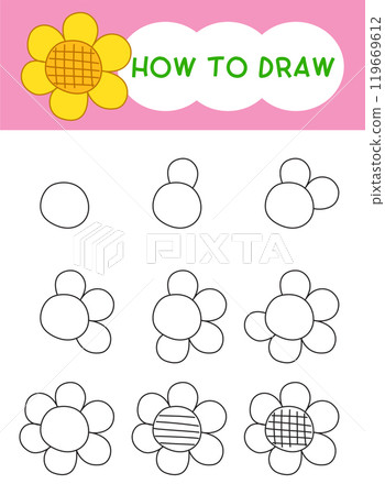 How to draw floewer or flora cartoon step by step for learning, kid, education and coloring book. 119669612