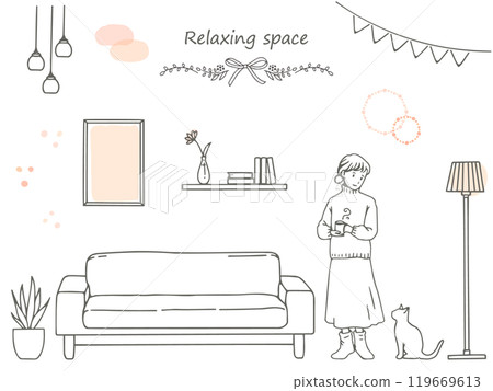 Hand-drawn stylish room, woman and cat line drawing illustration set 119669613