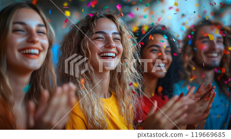 Group of happy individuals standing in a circle, clapping and smiling at each other, their celebration of victory highlighted by colorful confetti. 119669685