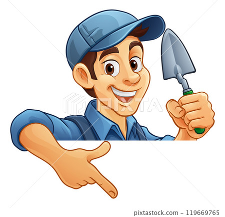 Brick Layer Mason Builder Cartoon Man Pointing 119669765