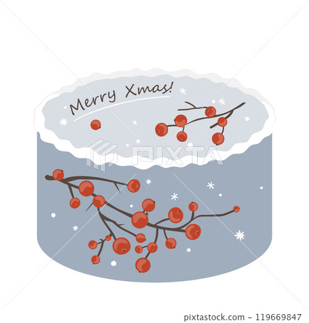 Christmas bento cake decorated with red berry branches. Xmas sweet cake, isolated vector illustration 119669847