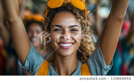 Ecstatic team members smiling and cheering, their arms raised in victory, as they celebrate a well-deserved success together. 119669848