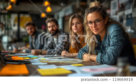 Dynamic business team brainstorming together in a stylish workspace, sharing ideas and collaborating on innovative solutions. 119669919