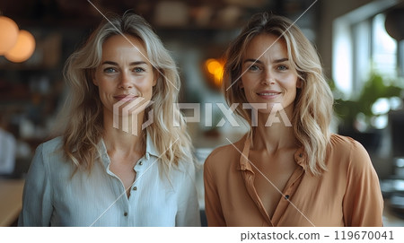 Two successful businesswomen walking in the office, smiling as they discuss strategic plans, their professional connection and teamwork clear in their confident conversation. 119670041