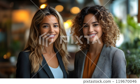 Professional women walking together in an office setting, their conversation focused on planning and strategy, their mutual respect and successful partnership clear. 119670046