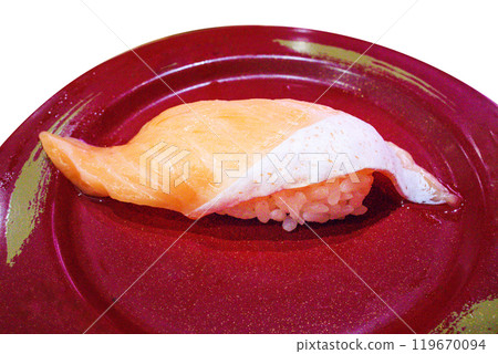 Top view of Japanese fresh Maguro Maki with Japanese rice in red plate, focus selective Top view of Japanese fresh Maguro Maki with Japanese rice in red plate, focus selective 119670094