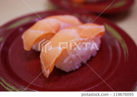Japanese fresh salmon sushi with Japanese rice in red plate Japanese fresh salmon sushi with Japanese rice in red plate 119670095