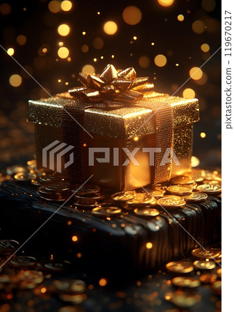 Gold coins around a gift box on a 3D podium, illuminated by a golden yellow light, ideal for voucher card cash back template designs. 119670217