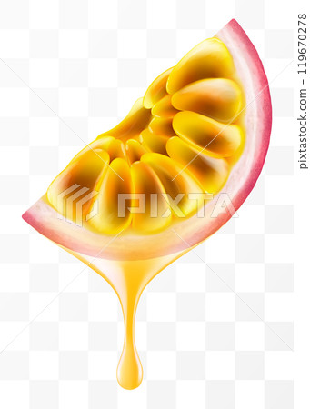 Passion fruit juice dripping from fresh slice juicy passion fruit, isolated on transparent background. Ripe passion fruit or passiflora edulis. Realistic 3d Vector illustration of tropical fruits. Passion fruit juice dripping from fresh slice juicy passion fruit, isolated on transparent background. Ripe passion fruit or passiflora edulis. Realistic 3d Vector illustration of tropical fruits. 119670278