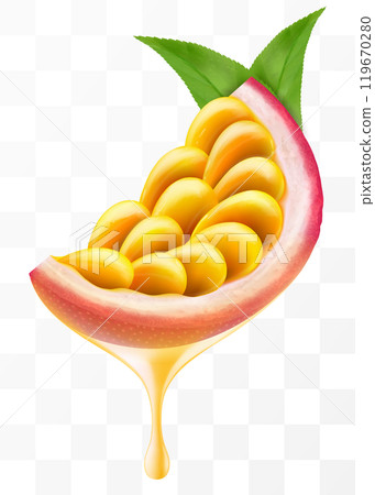 Passion fruit juice dripping from fresh slice juicy passion fruit, isolated on transparent background. Ripe passion fruit or passiflora edulis. Realistic 3d Vector illustration of tropical fruits. Passion fruit juice dripping from fresh slice juicy passion fruit, isolated on transparent background. Ripe passion fruit or passiflora edulis. Realistic 3d Vector illustration of tropical fruits. 119670280