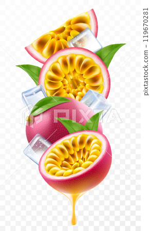 Passion fruit with ice cubes. Composition of fresh passiflora edulis with leaves. Whole fruit, half and slices of passion fruits, 3D realistic vector illustration isolated on transparent background. Passion fruit with ice cubes. Composition of fresh passiflora edulis with leaves. Whole fruit, half and slices of passion fruits, 3D realistic vector illustration isolated on transparent background. 119670281