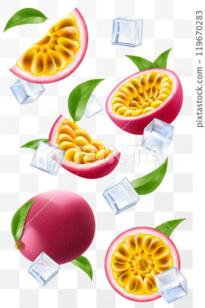 Passion fruit with ice cubes. Composition of fresh passiflora edulis with leaves. Whole fruit, half and slices of passion fruits, 3D realistic vector illustration isolated on transparent background. 119670283