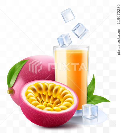 A glass of fresh passion fruit juice with passion fruit and ice cubes. Cup of cocktail or smoothie with ripe exotic passion fruit, isolated on transparent background. Realistic 3d vector illustration 119670286