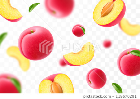 Flying ripe plum. Bright advertising background falling juicy sweet plums, realistic illustration with blurred effect. 3d vector design for advertising banners and web page design 119670291
