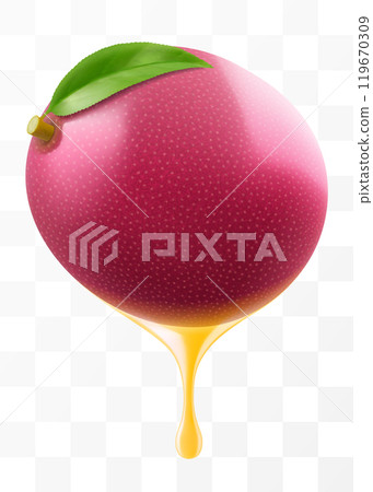 Passion fruit juice dripping from fresh juicy passion fruit, isolated on transparent background. Ripe passion fruit or passiflora edulis. Realistic 3d Vector illustration of tropical fruits. 119670309