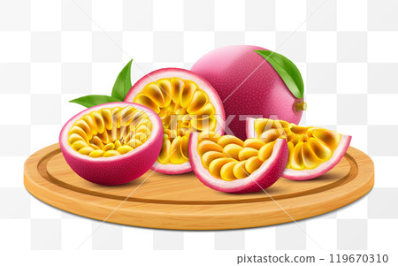 Ripe tasty passion fruit on a wooden tray isolated on transparent background. Whole ripe passion fruit and pieces of fresh passiflora edulis on cutting board. Realistic 3d vector illustration Ripe tasty passion fruit on a wooden tray isolated on transparent background. Whole ripe passion fruit and pieces of fresh passiflora edulis on cutting board. Realistic 3d vector illustration 119670310