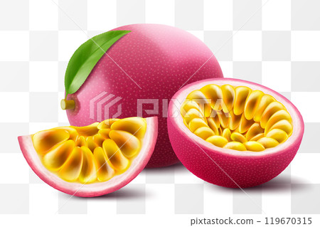 Whole passion fruit, half and sliced fruits isolated on transparent background. Ripe purple passion fruit or passiflora edulis for package design. Realistic 3d Vector illustration of tropical fruits. 119670315