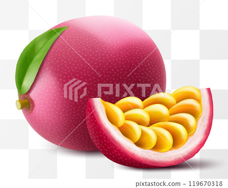 Passion fruit whole fruit and slice isolated on transparent background. Ripe purple passion fruit or passiflora edulis for package design. Realistic 3d Vector illustration of tropical fruits. 119670318