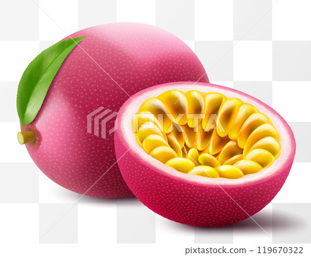 Passion fruit whole fruit and half sliced isolated on transparent background. Ripe purple passion fruit or passiflora edulis for package design. Realistic 3d Vector illustration of tropical fruits. 119670322