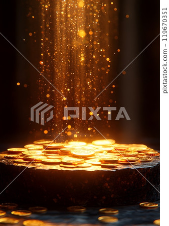 Gold coins encircling a gift box on a 3D podium, illuminated by a warm yellow light, designed for voucher card and cash back templates. 119670351