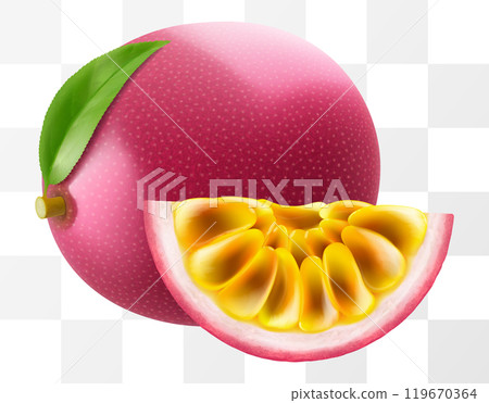 Passion fruit whole fruit and slice isolated on transparent background. Ripe purple passion fruit or passiflora edulis for package design. Realistic 3d Vector illustration of tropical fruits. 119670364