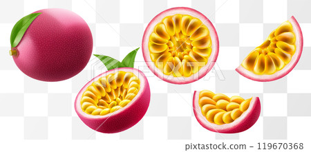 Passion fruit. whole fruit, half and sliced isolated on transparent background. Set of ripe passion fruit or passiflora edulis for package design. Realistic 3d Vector illustration of tropical fruits. Passion fruit. whole fruit, half and sliced isolated on transparent background. Set of ripe passion fruit or passiflora edulis for package design. Realistic 3d Vector illustration of tropical fruits. 119670368