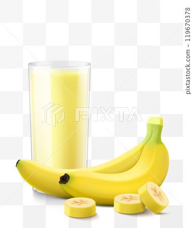 A glass of fresh banana juice or smoothie. Cup of cocktail or yogurt with ripe sweet banana fruits, isolated on transparent background. Realistic 3d vector illustration 119670378