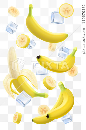 Ripe banana and ice cubes with leaves in swirl motion. Composition of whole yellow banana and half peeled banana fruits, 3D realistic vector illustration isolated on transparent background. 119670382