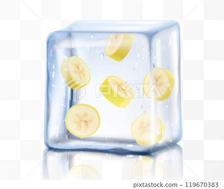Fresh ripe slices of banana fruits in ice cube isolated on transparent background. Frozen tasty yellow banana, realistic 3d vector illustration. Bright summer design 119670383
