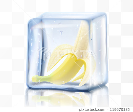 Ripe sweet banana fruits in ice cube isolated on transparent background. Frozen tasty fresh yellow banana, realistic 3d vector illustration. Bright summer design Ripe sweet banana fruits in ice cube isolated on transparent background. Frozen tasty fresh yellow banana, realistic 3d vector illustration. Bright summer design 119670385