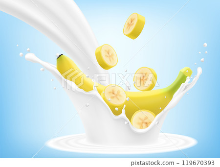 Fresh ripe yellow banana falls into a splash of yogurt or milk, cocktail splash with drops, Milkshake splash with sweet exotic fruit. Realistic 3d vector illustration Fresh ripe yellow banana falls into a splash of yogurt or milk, cocktail splash with drops, Milkshake splash with sweet exotic fruit. Realistic 3d vector illustration 119670393