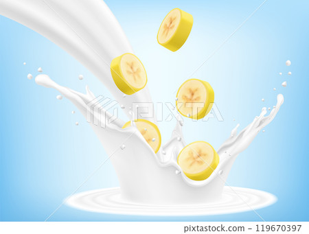 Ripe banana slices falls into a splash of yogurt or milk, cocktail splash with drops, Milkshake splash with sweet juicy fruit. Realistic 3d vector illustration 119670397