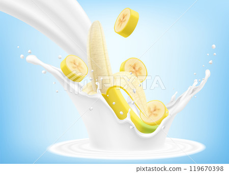 Fresh ripe yellow banana falls into a splash of yogurt or milk, cocktail splash with drops, Milkshake splash with sweet exotic fruit. Realistic 3d vector illustration 119670398