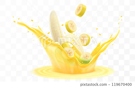 Fresh fruit banana juice. Yellow ripe banana falls into a splash of juice, isolated on transparent background. Realistic 3d vector illustration. Summer vitamin food and drink. Banana smoothie splash 119670400
