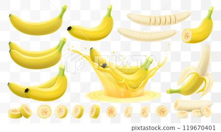 Fresh tropical banana isolated on transparent background. Whole banana, slice in half and bunch of bananas. Peeled and slice cut for organic juice or dessert package. Realistic 3d vector illustration. 119670401