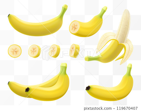 Fresh tropical banana isolated on transparent background. Whole banana, slice in half and bunch of bananas. Peeled and slice cut for organic juice or dessert package. Realistic 3d vector illustration. 119670407