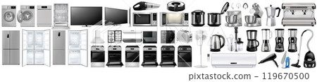 Set of household and kitchen appliances isolated on white background. Microwave, refrigerator, washing-machine, toaster, multi-cooker, kettle, blender, robot vacuum cleaner, iron,Vector 3d realistic 119670500