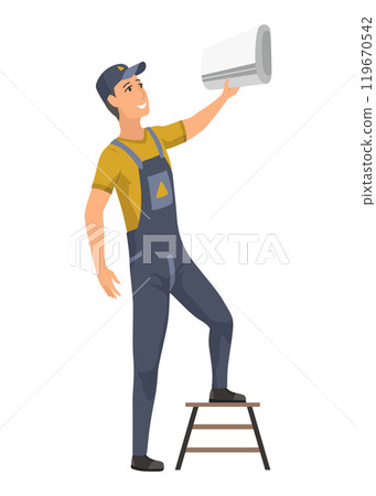 Air conditioner service technician working, flat vector illustration isolated on white background. Cooling system repair, cleaning, maintenance and installation. 119670542